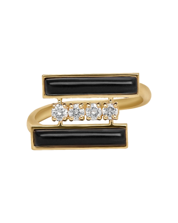 DI FORZA ring design no 1, Yellow Gold, set with 4 brilliant cut natural diamonds and 2 natural cut black onyx stones.