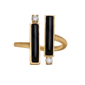 DI FORZA Ring no2 Yellow Gold, set with 2 brilliant cut natural diamonds and 2 natural cut of black onyx stones.