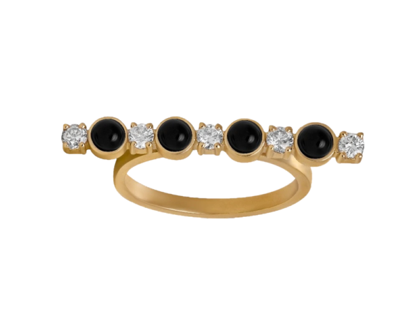 DI FORZA Ring no3 yellow gold set with 5 brilliant cut natural diamonds, and 4 natural cut of black onyx stones.