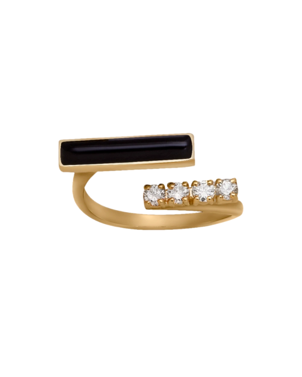 DI FORZA Ring no 4 Yellow Gold, set with 4 brilliant cut natural diamonds and 1 natural cut of black onyx stones.