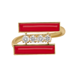 DI PAROSSO Ring no1 Yellow Gold, set with 4 brilliant cut natural diamonds and 2 natural cut red stones.