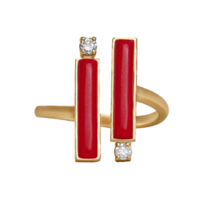 DI PAROSSO Ring no2 Yellow Gold, set with 2 brilliant cut natural diamonds and 2 natural cut of red stones.