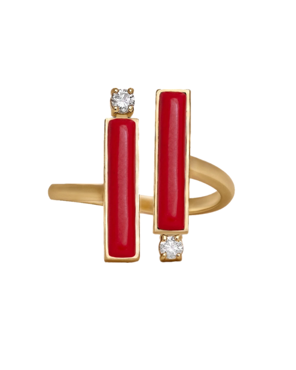 DI PAROSSO Ring no2 Yellow Gold, set with 2 brilliant cut natural diamonds and 2 natural cut of red stones.