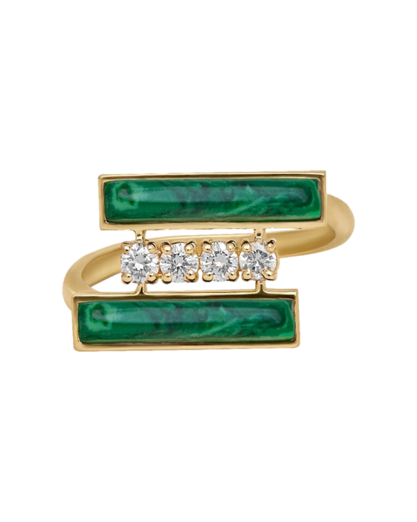 DI VERDE Ring no1 Yellow Gold, set with 4 brilliant cut natural diamonds and 2 natural cut malachite stones.