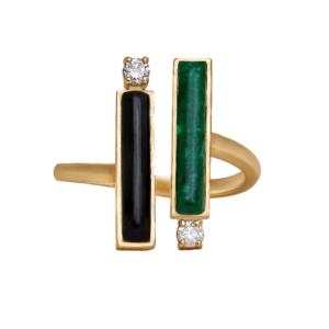 DI VERDE Ring no2 yellow gold set with 2 brilliant cut natural diamonds and 2 natural cut one of malachite and one of black onyx stones.