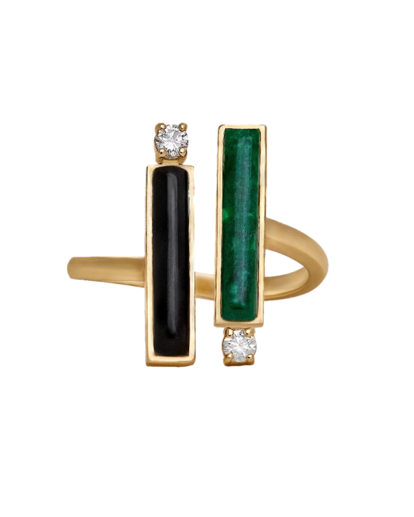 DI VERDE Ring no2 yellow gold set with 2 brilliant cut natural diamonds and 2 natural cut one of malachite and one of black onyx stones.