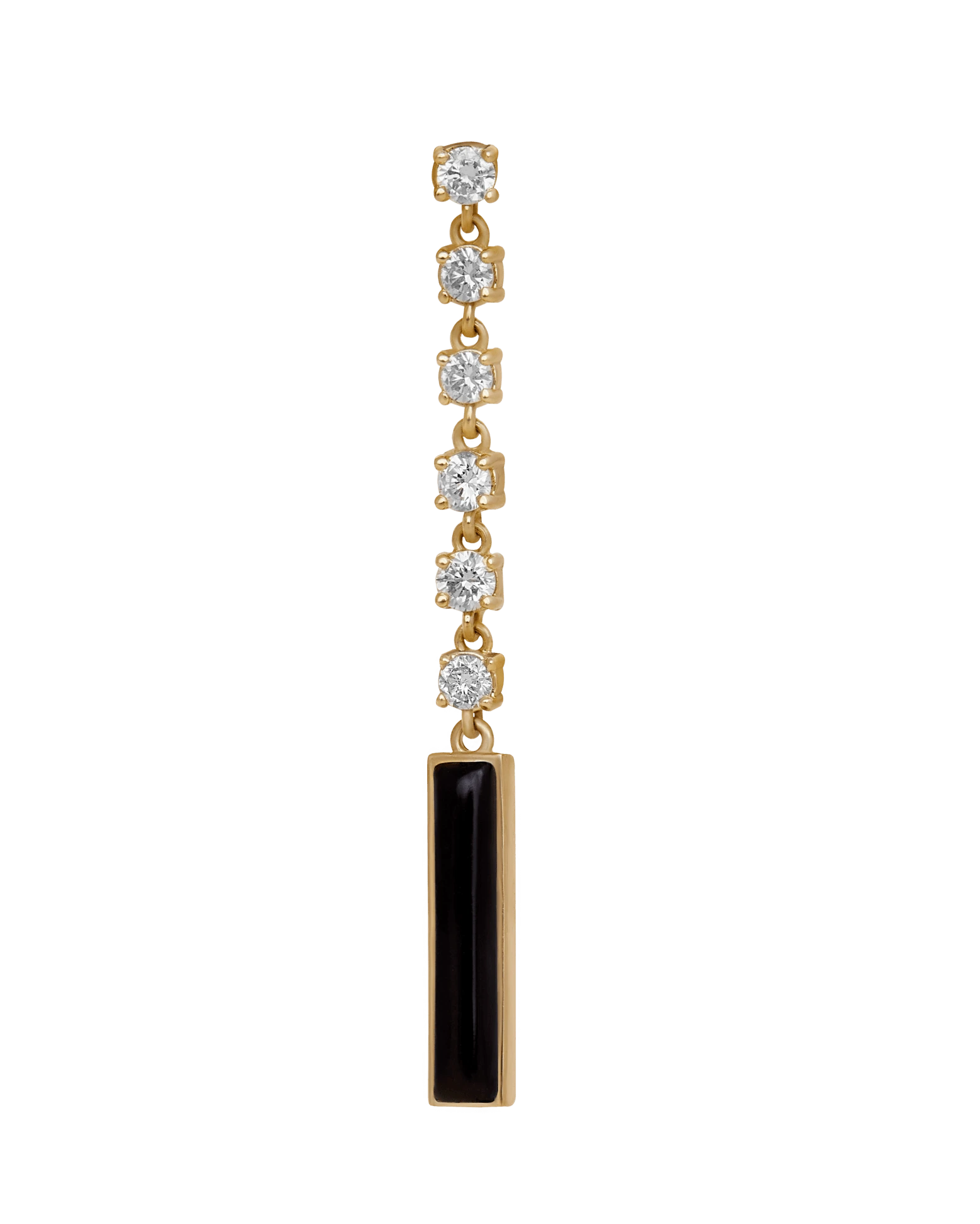 DI FORZA Long piece of black earring yellow gold set with 6 brilliant cut natural diamonds and 1 natural cut black onyx stone.