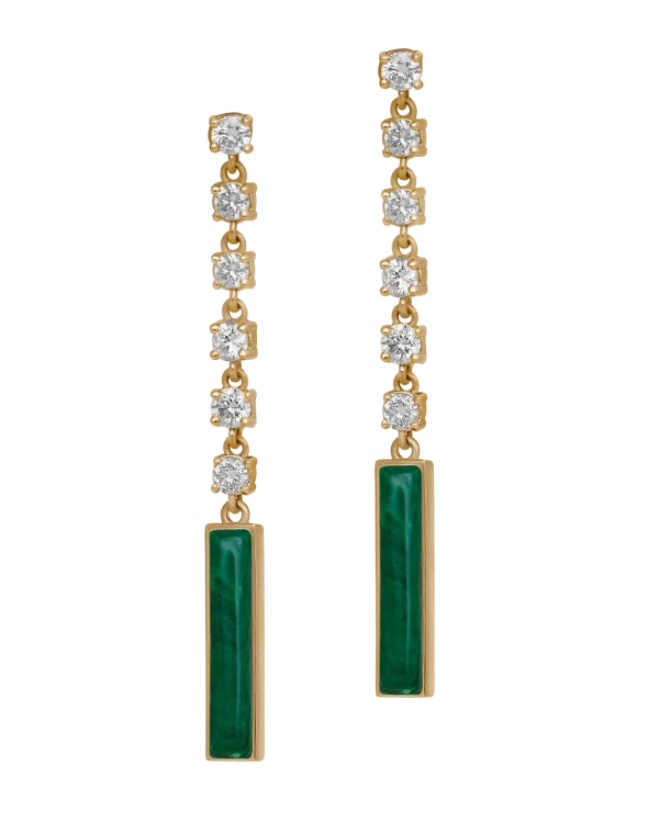 DI VERDE Long green pair earring Yellow Gold, set with 12 brilliant cut natural diamonds, and 2 natural cut malachite stone.