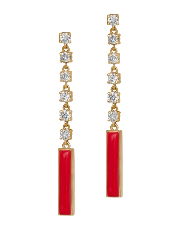 DI PAROSSO Long red pair earring yellow gold set with set with 12 brilliant cut natural diamonds, and 2 natural cut black onyx stone.