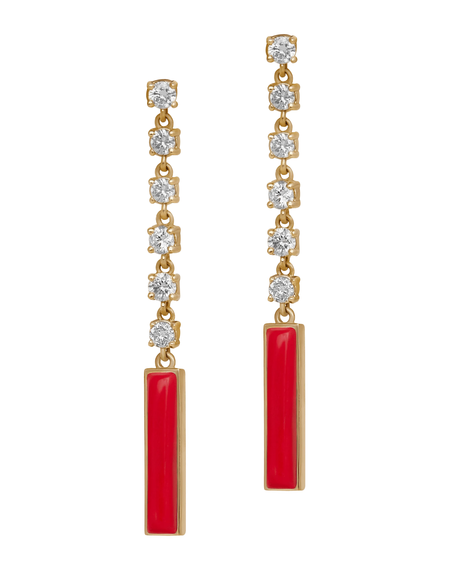 DI PAROSSO Long red pair earring yellow gold set with set with 12 brilliant cut natural diamonds, and 2 natural cut black onyx stone.