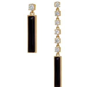 DI FORZA Black pair of earring one short and one long yellow gold set with Yellow Gold, with 7 brilliant cut natural diamonds and 2 natural cut black onyx stone.