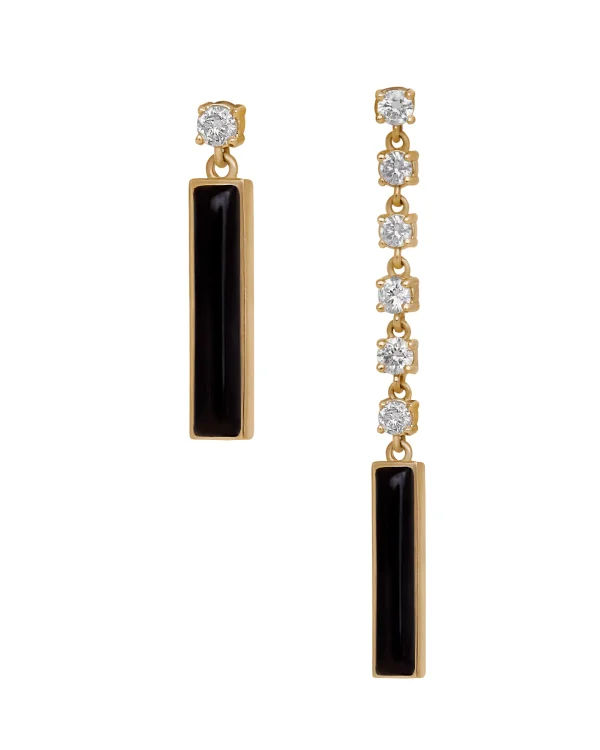 DI FORZA Black pair of earring one short and one long yellow gold set with Yellow Gold, with 7 brilliant cut natural diamonds and 2 natural cut black onyx stone.