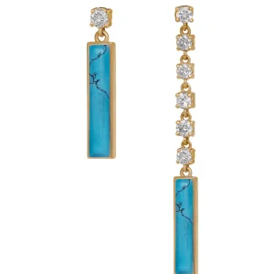 Pair of DI ACQUA blue earring one short and one long yellow gold set with natural diamond and fairuz stone