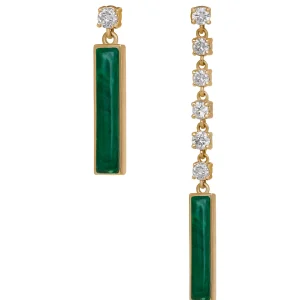 DI VERDE pair green earring one short one long yellow gold, set with 7 brilliant cut natural diamonds and 2 natural cut malachite stone.