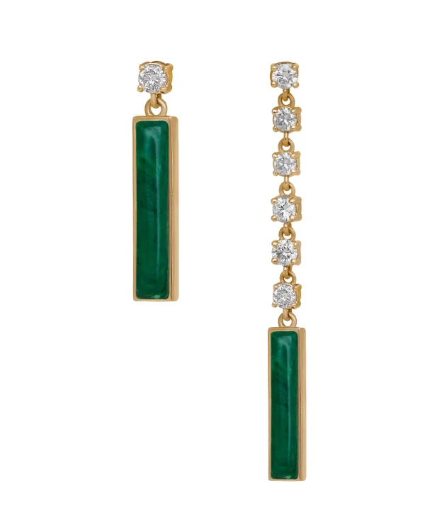 DI VERDE pair green earring one short one long yellow gold, set with 7 brilliant cut natural diamonds and 2 natural cut malachite stone.