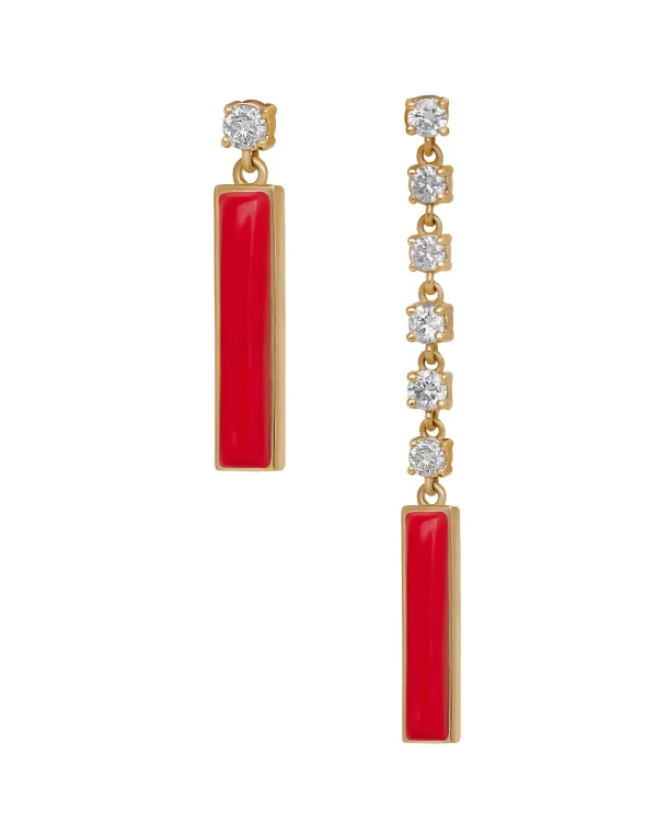 DI PAROSSO pair red earring one short one long, yellow gold set with set with 7 brilliant cut natural diamonds, and 2 natural cut red stone.