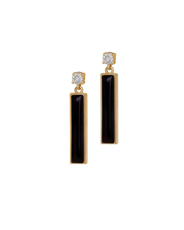 DI FORZA short black pair earring Yellow Gold, set with 2 brilliant cut natural diamonds, and 2 natural cut black onyx stone.