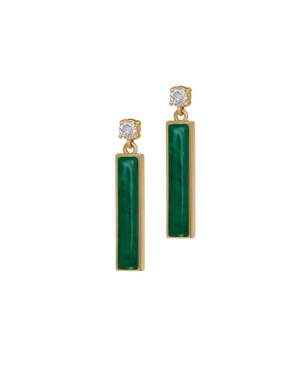 DI VERDE short green pair earring Yellow Gold, set with 2 brilliant cut natural diamonds and 2 natural cut malachite stone.